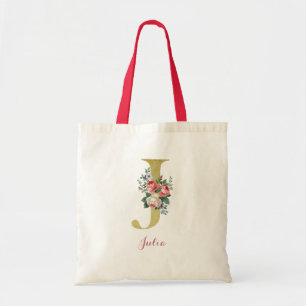 Pink Cottage Rose J Initial Tote Bag - Custom Name