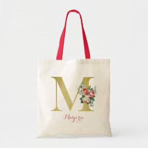Pink Cottage Rose M Initial Tote Bag - Custom Name