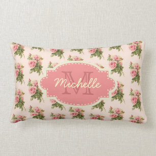 Pink Cottage Rose Monogram & Name Vintage Floral Lumbar Pillow