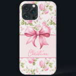 Pink Cottage Rose with Bow Coquette iPhone 13 Pro Max Case<br><div class="desc">This iPhone case features a pink cabbage roses in the background with a curved pink box shape that anchors your name personalization with a cute pink bow.</div>