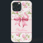 Pink Cottage Rose with Bow Coquette iPhone 13 Pro Max Case<br><div class="desc">This iPhone case features a pink cabbage roses in the background with a curved pink box shape that anchors your name personalization with a cute pink bow.</div>