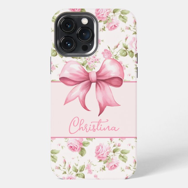 Pink Cottage Rose with Bow Coquette iPhone Case (Back)