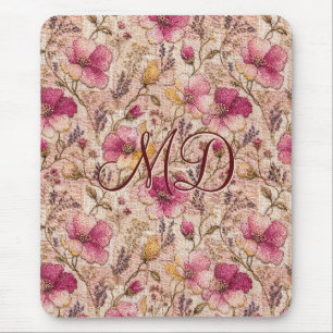 Pink Cottagecore Floral Stitched Flowers Mouse Pad