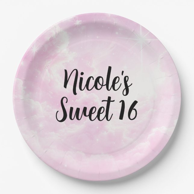 Pink Cotton Candy Clouds Starry Sky Birthday Party Paper Plate (Front)