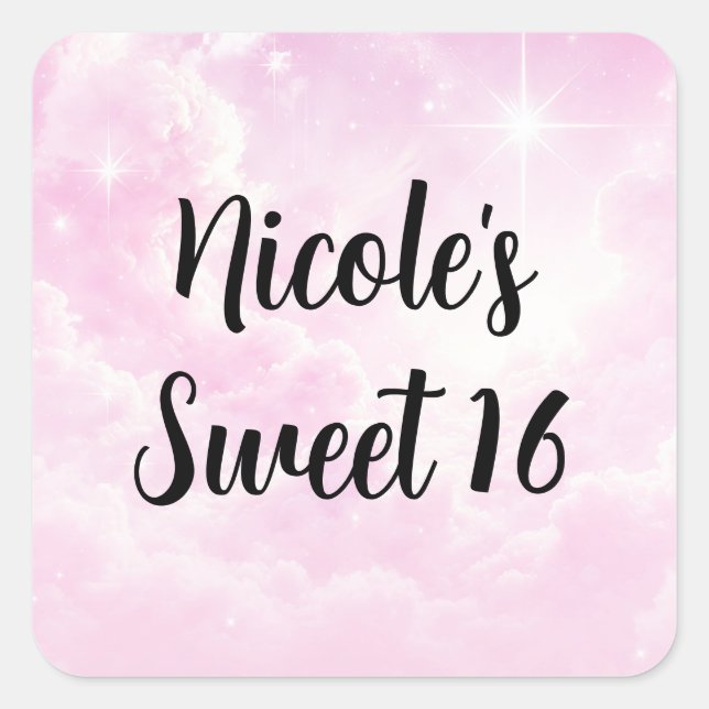 Pink Cotton Candy Clouds Starry Sky Birthday Party Square Sticker (Front)