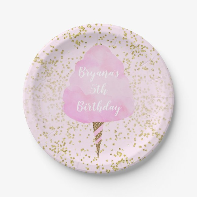 Pink Cotton Candy & Gold Confetti Birthday Party Paper Plate (Front)