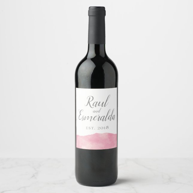Pink Cotton Candy Watercolor Wedding Wine Label (Front)