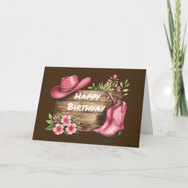 Pink Country Birthday for Girls Western Boots Hat Card (Front)