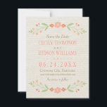 Pink Country Floral Wedding Save The Date<br><div class="desc">Rustic chic wedding save the date announcement cards feature a symmetrical floral frame of pretty peach,  blush pink,  coral,  and nectarine orange flowers and soft green botanical leaves with hand-drawn look,  and background with a subtle and elegant woven textured appearance.</div>