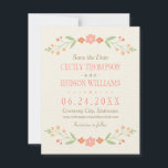 Pink Country Floral Wedding Save The Date<br><div class="desc">Rustic chic wedding save the date announcement cards feature a symmetrical floral frame of pretty peach,  blush pink,  coral,  and nectarine orange flowers and soft green botanical leaves with hand-drawn look,  and background with a subtle and elegant woven textured appearance.</div>