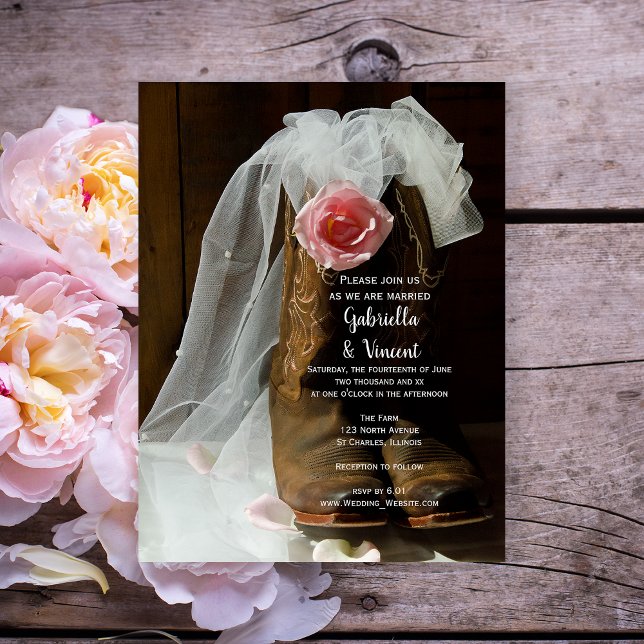 Pink Country Rose and Cowboy Boots Western Wedding Magnetic Invitation (Creator Uploaded)