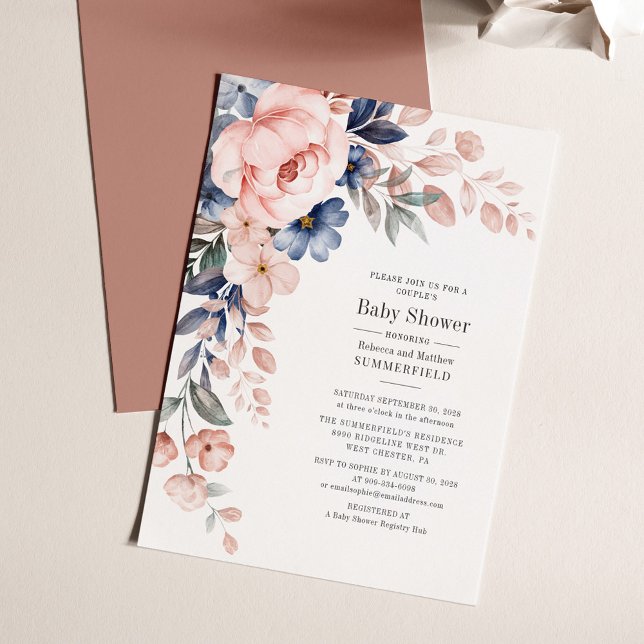 Pink Couples Baby Shower Floral Blue Modern Invitation (Modern Pink Floral and Blues Baby Shower Invitation)
