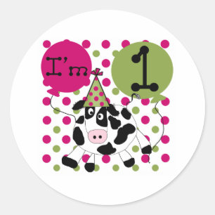 Pink  Cow 1st Birthday Classic Round Sticker