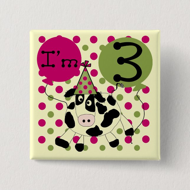 Pink Cow 3rd Birthday Tshirts and Gifts 2 Inch Square Button (Front)