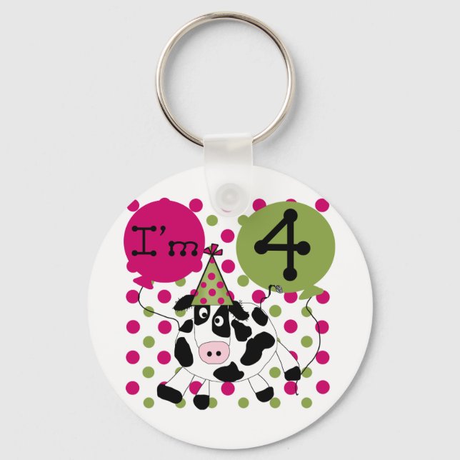 Pink Cow 4th  Birthday Tshirts and Gifts Keychain (Front)