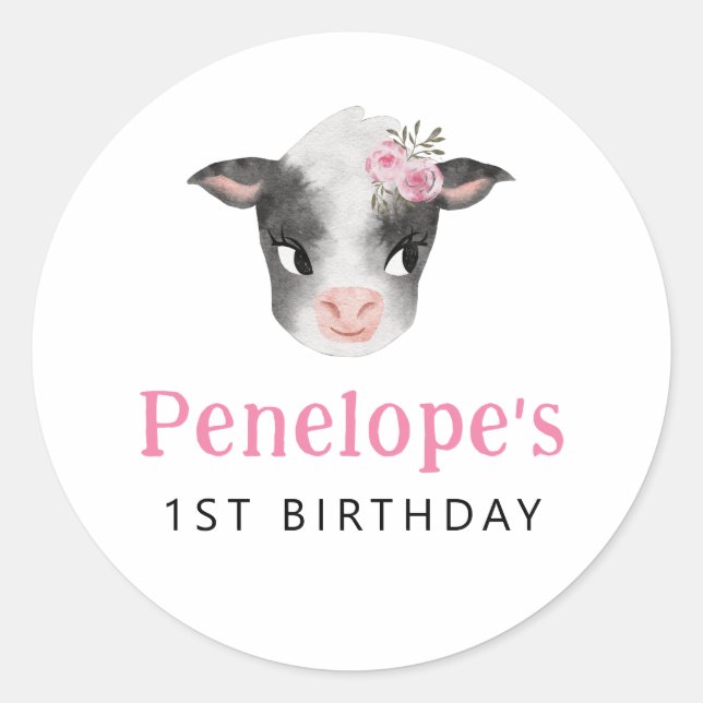 Pink Cow Birthday Party Favour  Classic Round Sticker (Front)