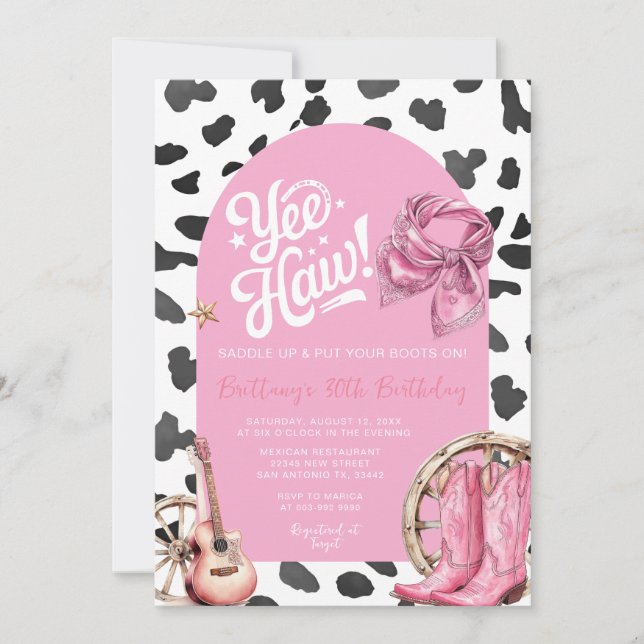Pink Cow Pattern Western Rustic Cowgirl Birthday  Invitation (Front)