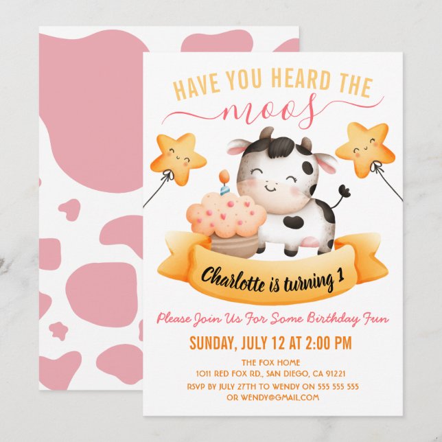 Pink Cow Print 1st Birthday have y heard the moos Invitation (Front/Back)