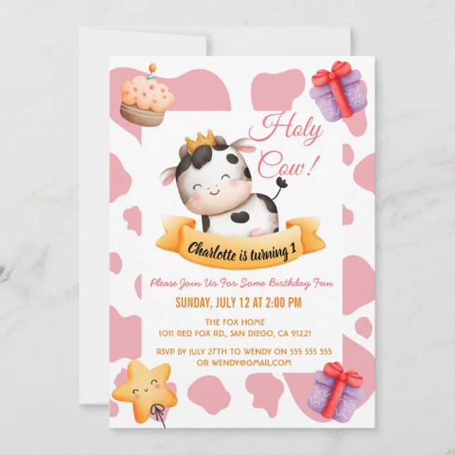 Pink Cow Print 1st Birthday Holly Cow Invitation (Front)