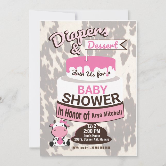 Pink Cow print baby shower invitations  (Front)