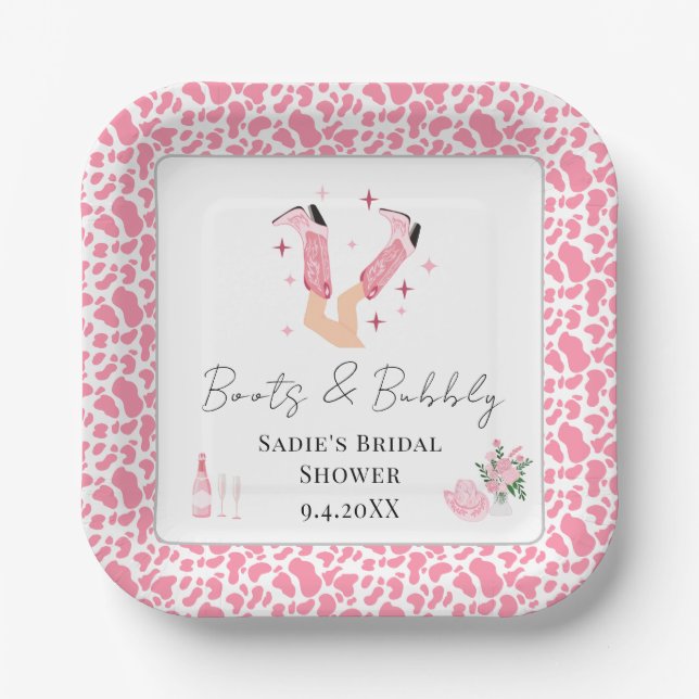 Pink Cowboy Boots & Bubbly Bridal Shower Paper Plate (Front)