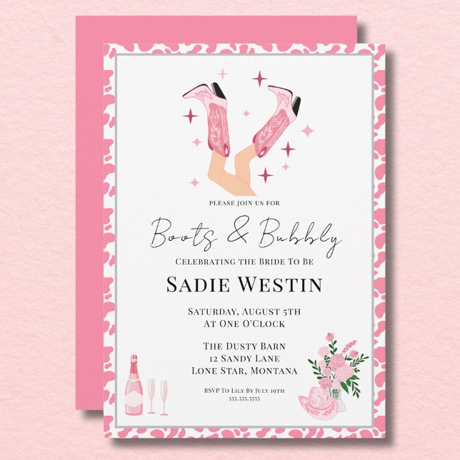 Pink Cowboy Boots & Bubbly Bridal Shower Shower Invitation (Creator Uploaded)