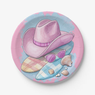 Pink Cowboy Hat and Surfboards - Beachy Western  Paper Plate