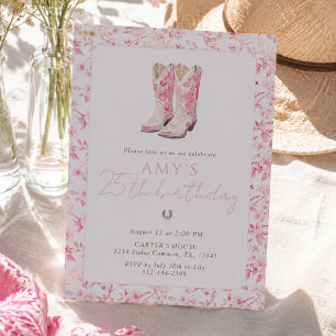 Pink Cowgirl 25th Birthday Floral Western boots Invitation