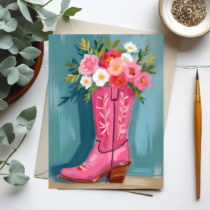 Pink Cowgirl Boot Flower Bouquet Watercolor Postcard