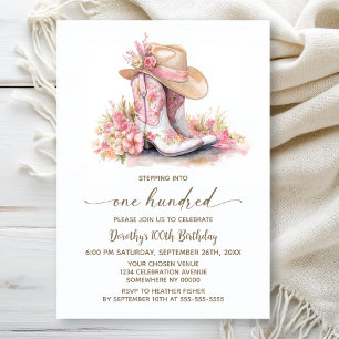 Pink Cowgirl Boots and Hat 100th Birthday Party Invitation
