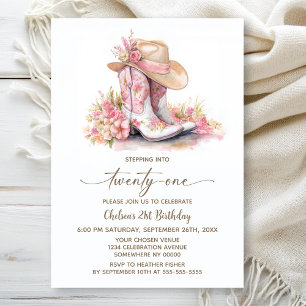 Pink Cowgirl Boots and Hat 21st Birthday Party Invitation