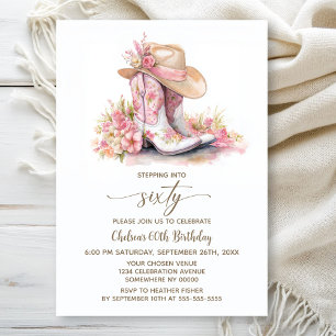 Pink Cowgirl Boots and Hat 60th Birthday Party Invitation