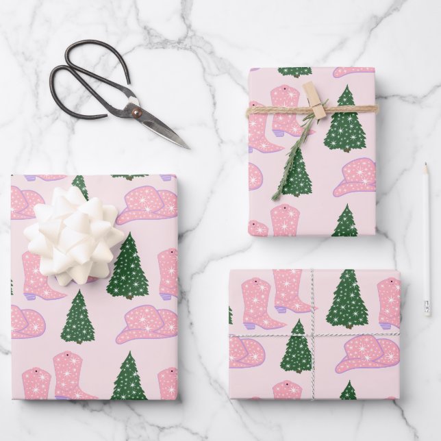 Pink Cowgirl Boots Hat Christmas Tree Wrapping Paper Sheet (Front)