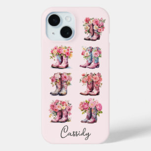 Pink Cowgirl Boots with Flowers Monogrammed iPhone 15 Case