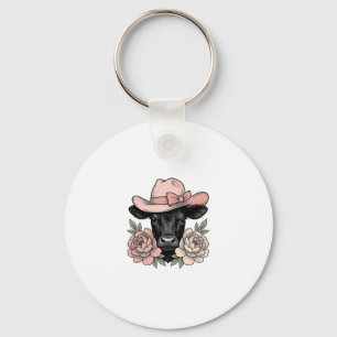 Pink Cowgirl Calf with Peonies Vintage Vector_1 Keychain