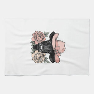 Pink Cowgirl Calf with Peonies Vintage Vector_1 Kitchen Towel