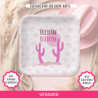 Pink Cowgirl Country Cacti Western Paper Plate