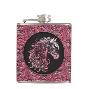 Pink cowgirl floral tooled leather horse head hip flask