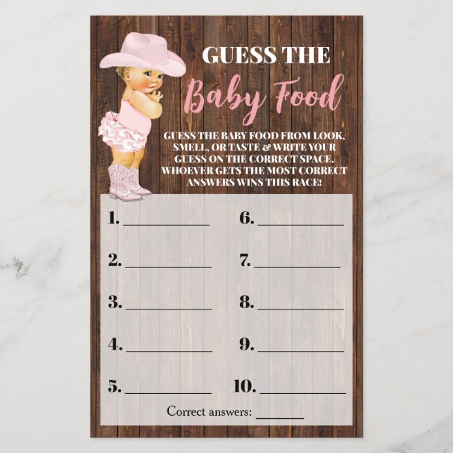 Pink Cowgirl Guess the Baby Food Shower Game Card (Front)