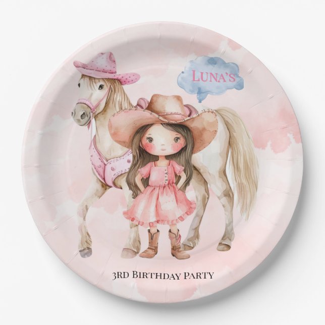 Pink Cowgirl Horse 00th Birthday Party Paper Plate (Front)