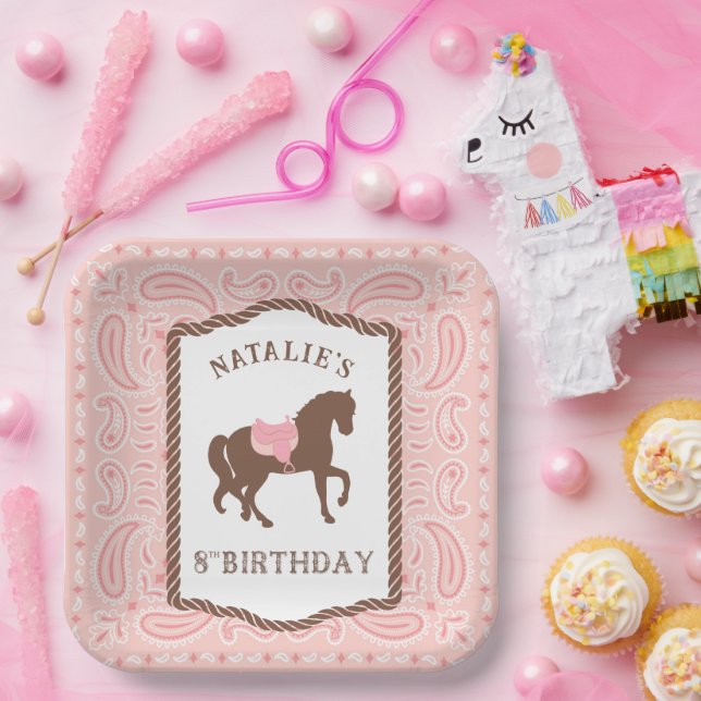 Pink Cowgirl | Horse Silhouette 8th Birthday  Pape Paper Plate (Party)