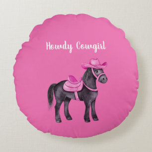 Pink Cowgirl Howdy Horse Round Pillow