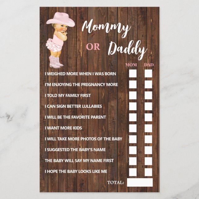 Pink Cowgirl Mom or Dad Said Baby Shower Game Card (Front)
