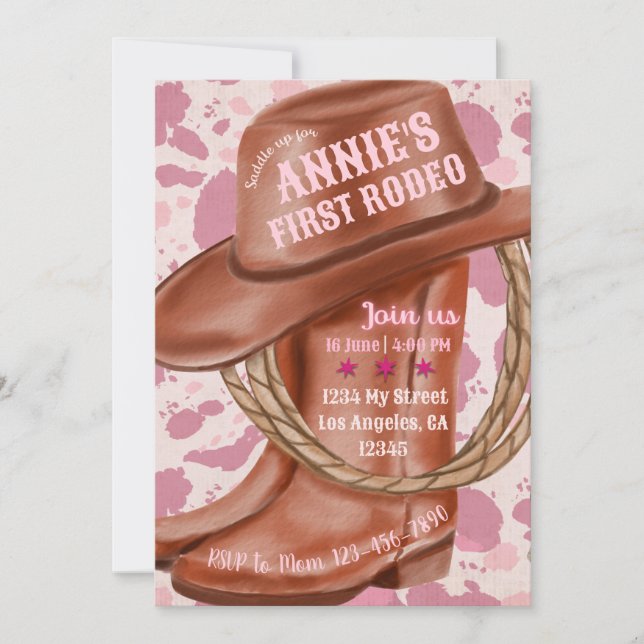 Pink Cowgirl Theme, Cowboy Boot Birthday Invite (Front)