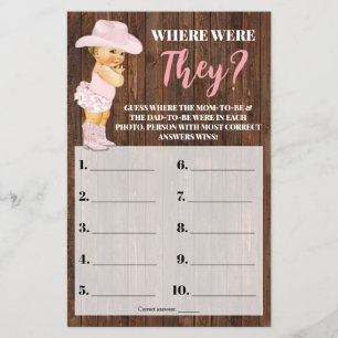 Pink Cowgirl Where Were They Baby Shower Game Card