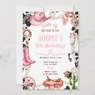 Pink cowgirl, white horse, saddle up invitation. invitation