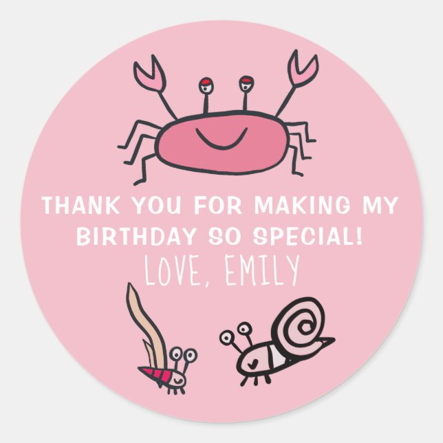 Pink Crab Sea Animal Girl Birthday Favour Sticker (Front)