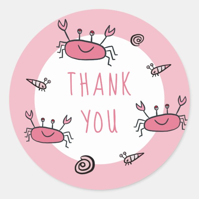 Pink Crab Sea Animals Girl Birthday Thank you Classic Round Sticker (Front)