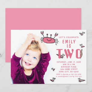 Pink Crab Sea Animals Girl Photo 2nd Birthday  Invitation