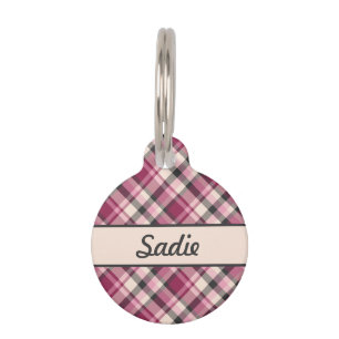 Pink, Cream And Grey Plaid Pattern & Custom Name Pet Tag